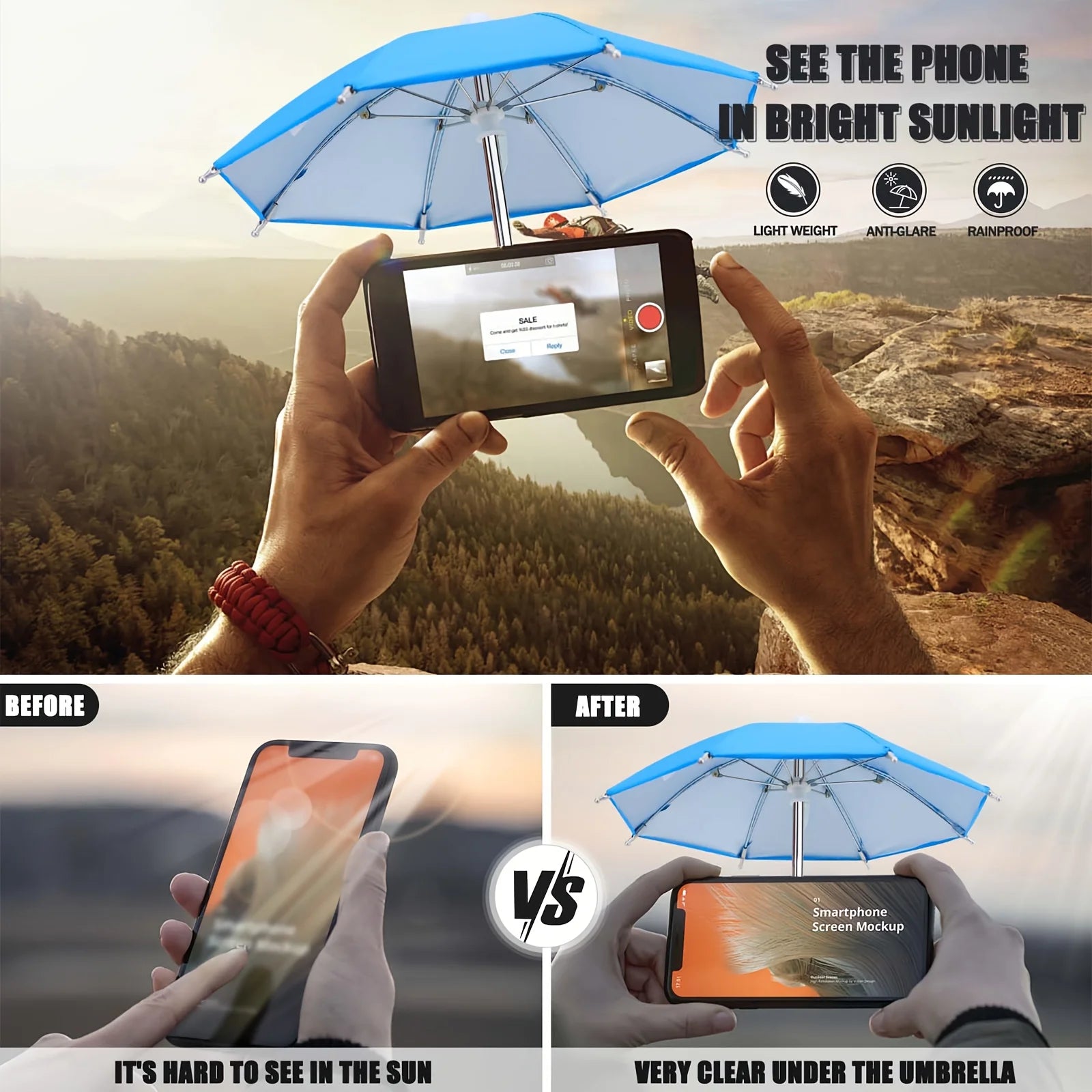 Mini soporte creativo para teléfono con paraguas, soporte universal impermeable para smartphones, accesorio portátil para exteriores resistente a la lluvia y al sol.