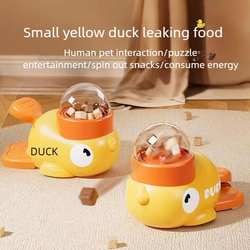 Comedero interactivo amarillo con forma de patito de goma para perros y gatos: un juguete de rompecabezas con dispensador de golosinas, diseñado para el adiestramiento de mascotas.