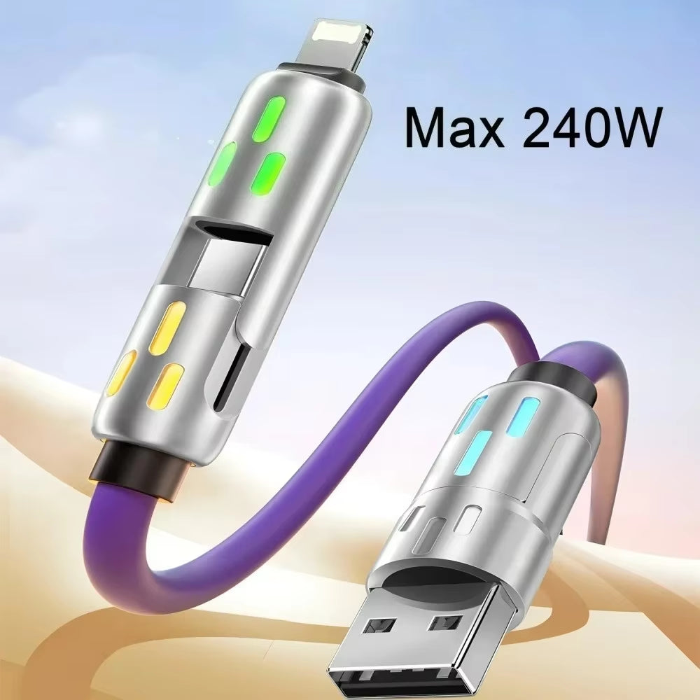 Cable de carga rápida tipo C de 240 W, 4 en 1, USB PD de silicona, cable de carga súper rápida tipo C a USB A para iPhone, Samsung y Xiaomi.