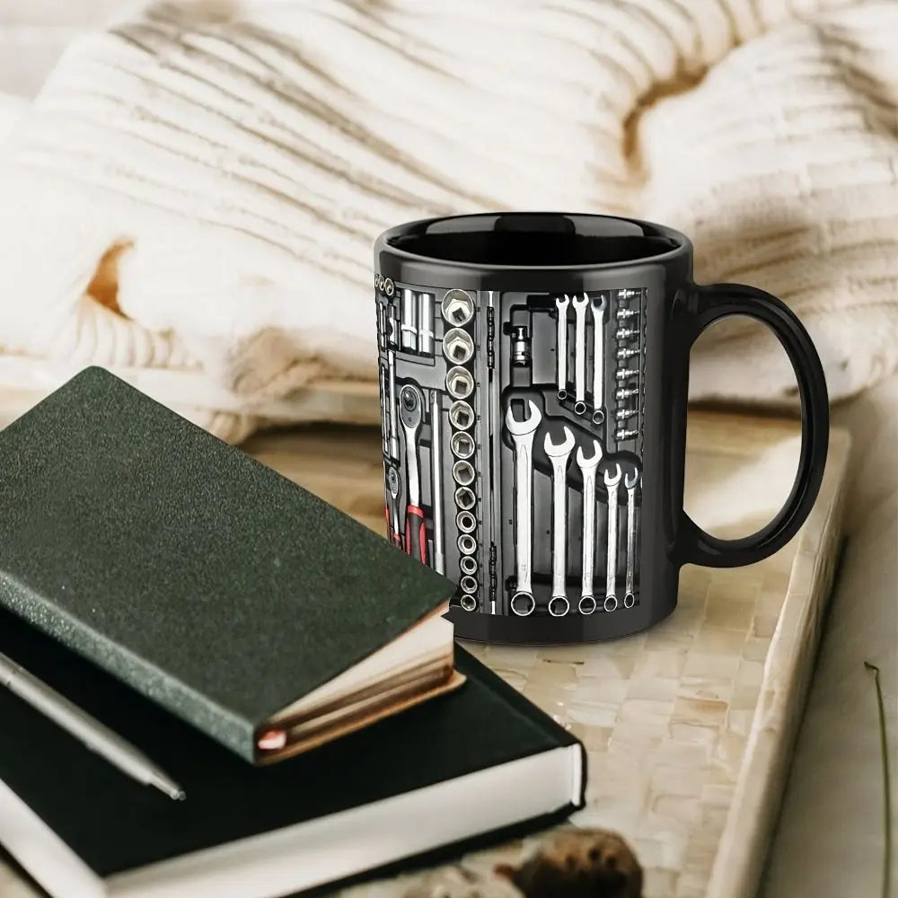 Divertida taza de café de 325 ml con diseño de caja de herramientas y llave inglesa, taza de cerámica resistente para mecánico, regalo para mecánico de automóviles.