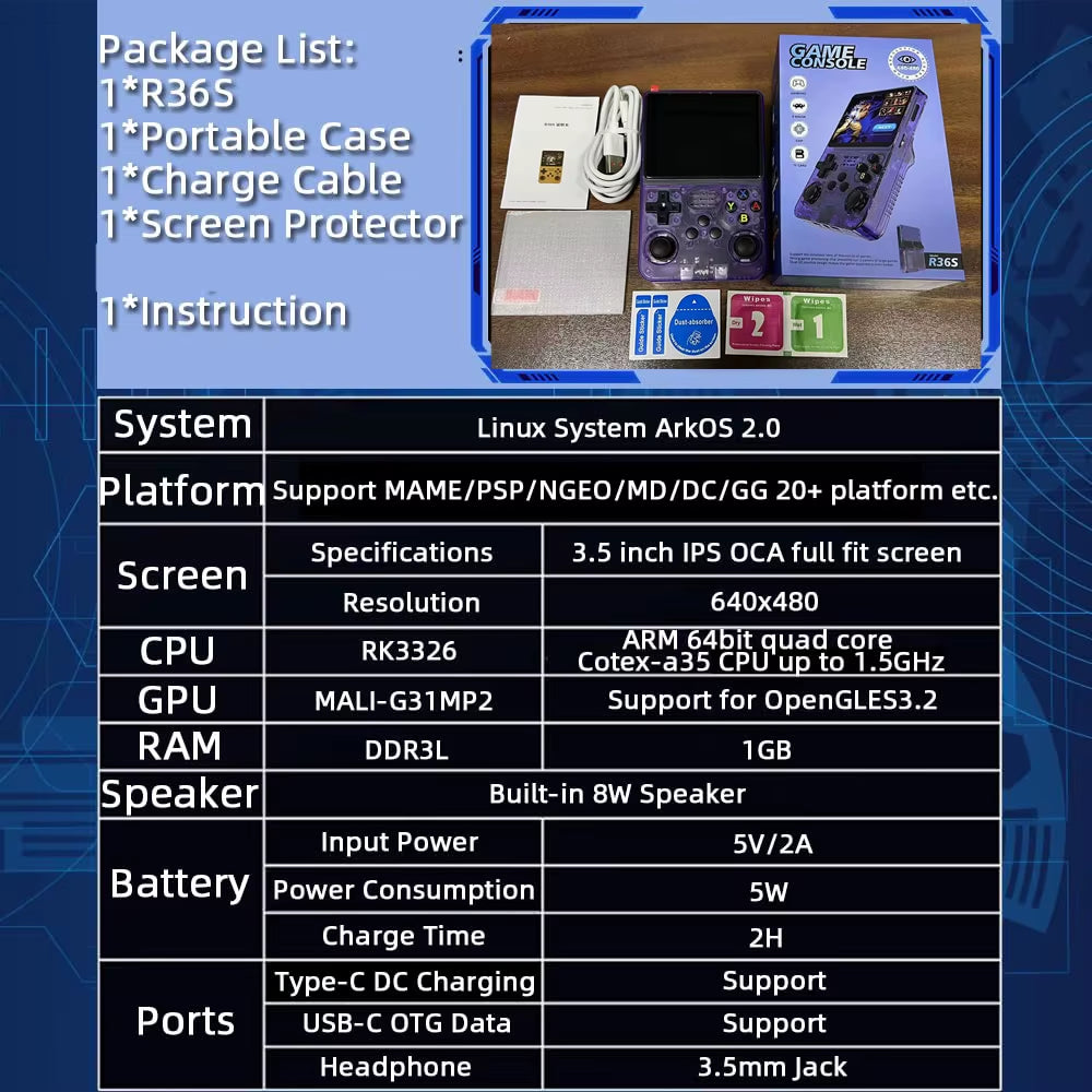 Consola de juegos retro R36S, portátil, de bolsillo, con sistema Arkos 2.0, de 3,5 pulgadas y una sola tarjeta, 64 GB, 128 GB y 20 000 juegos.