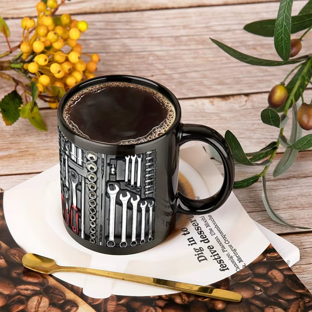 Divertida taza de café de 325 ml con diseño de caja de herramientas y llave inglesa, taza de cerámica resistente para mecánico, regalo para mecánico de automóviles.