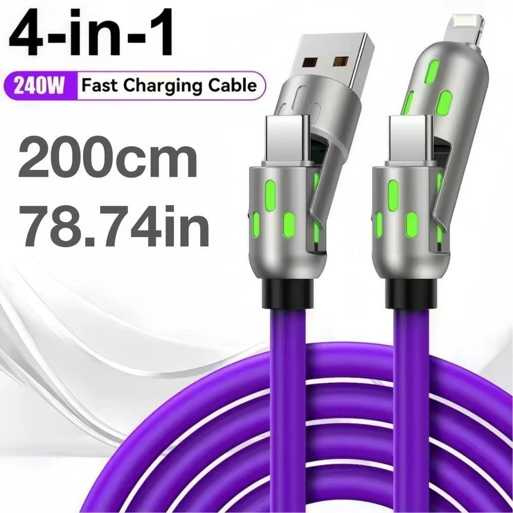 Cable de carga rápida tipo C de 240 W, 4 en 1, USB PD de silicona, cable de carga súper rápida tipo C a USB A para iPhone, Samsung y Xiaomi.