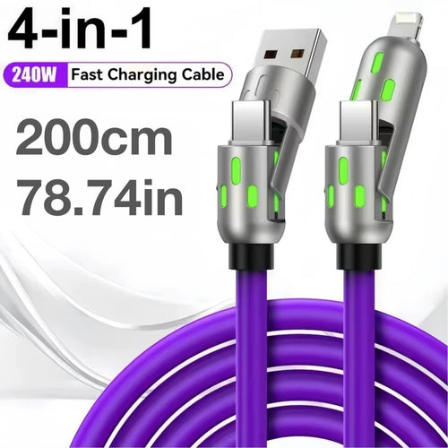 Cable de carga rápida tipo C de 240 W, 4 en 1, USB PD de silicona, cable de carga súper rápida tipo C a USB A para iPhone, Samsung y Xiaomi.