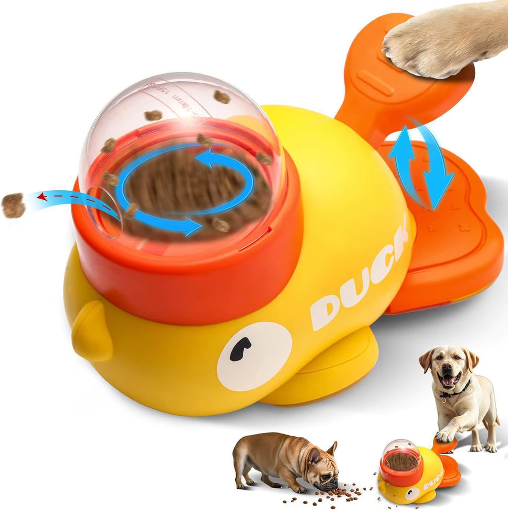 Comedero interactivo amarillo con forma de patito de goma para perros y gatos: un juguete de rompecabezas con dispensador de golosinas, diseñado para el adiestramiento de mascotas.